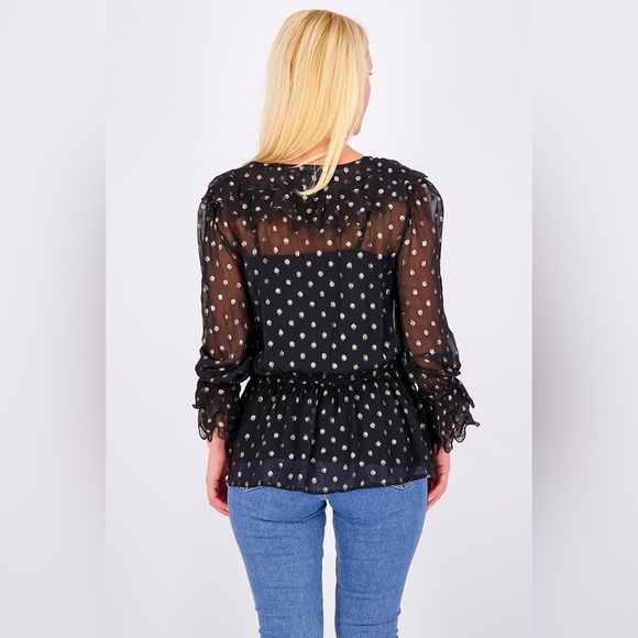 Topshop Black Gold Polkadot  V-neckline Lurex Ruffle Tops Size 6 - Picture 4 of 7